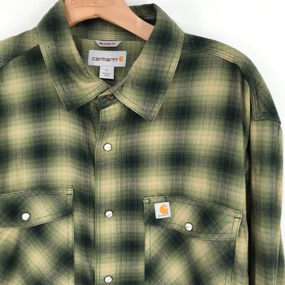 Carhartt Men's rugged flex Hamilton Plaid Western snap Shirt Size Large Green - Picture 3 of 9